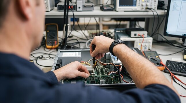 Hardware specialist performs a delicate inspection and repair on the internal components of a desktop computer inside a tech workshop.
