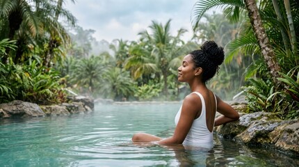 Fototapeta premium Woman relaxing in a steamy tropical hot spring surrounded by lush green jungle foliage