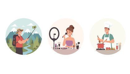 Fototapeta premium Content creators showcase their diverse hobbies including outdoor hiking, makeup tutorials, and culinary cooking.