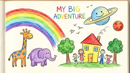 Fototapeta premium Child doodle drawing. Kids hand drawn illustration. Cute colorful kid crayon painting, pencil animals, chalk rainbow, house, planets. Funny kindergarten prints. Vector ...