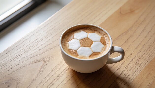 Soccer Ball Latte Art on Wooden Table Top View