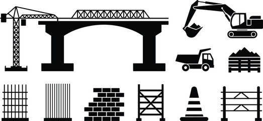 Construction and Civil Engineering Icon Set with Crane, Bridge, Excavator, and Building Tools Vector Silhouettes © Sandra Weiss