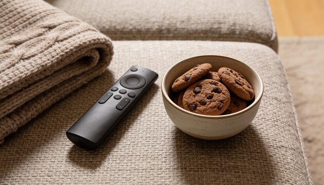 Cozy Home Evening Flat Lay on Couch with TV Remote Blanket and Snacks