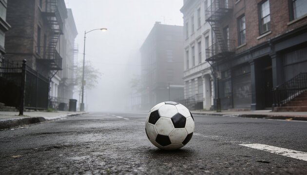 Soccer Ball on Empty Foggy Street at Dawn