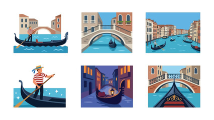 Pixel Art Venice Canals with Gondolas and Bridges, Italian Cityscape Vector © dewi