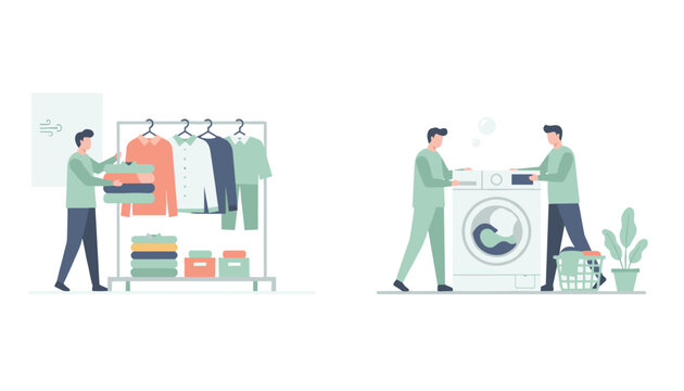 Two scenes showing young men organizing clean clothes on a rack and washing laundry in a modern washing machine.