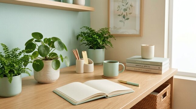 Modern Wellness Coach Home Office Interior Design Setup With Green Plants And Natural Stationery Elements For Productive Work