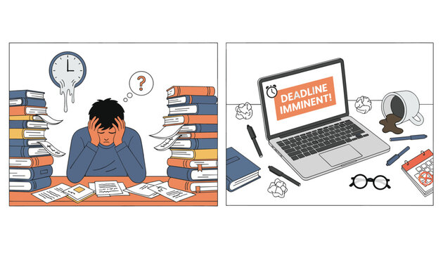 Business deadline imminent concept showing a stressed worker and a messy desk with spilled coffee.
