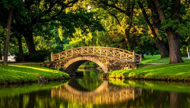 A serene landscape featuring a small wooden bridge spanning a tranquil pond surrounded by lush greenery and trees
