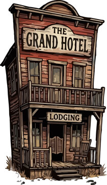 Grand Hotel Lodging Historic Wild West Wooden Hotel Vector Illustration