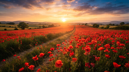 Obraz premium Red poppy field at sunset, rolling hills and dirt road red flowers