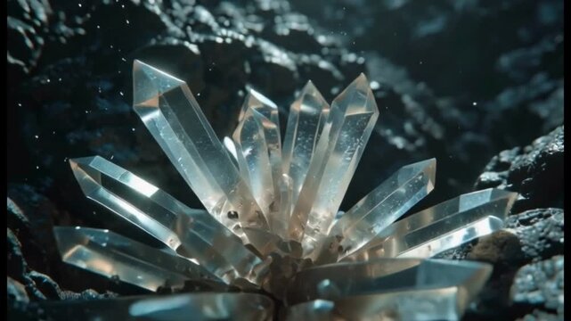 Macro shot of sparkling clear quartz crystal cluster growing in dark cave, gemstone mineral formation
