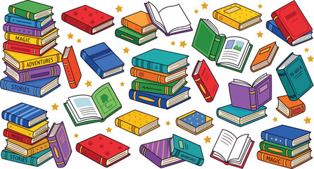 Colorful cartoon book set with open textbooks stacks of literature novels and starry library reading elements