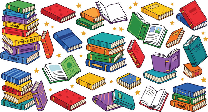 Colorful cartoon book set with open textbooks stacks of literature novels and starry library reading elements