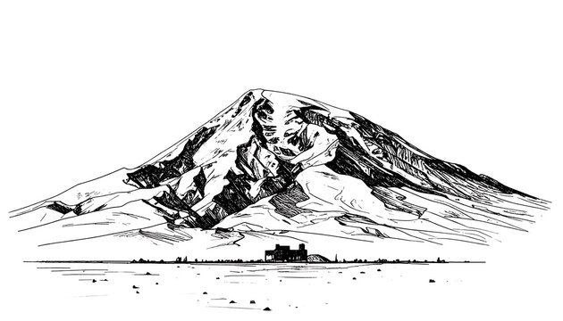 A serene landscape illustration of a snow-capped mountain towering over a small building near a body of water