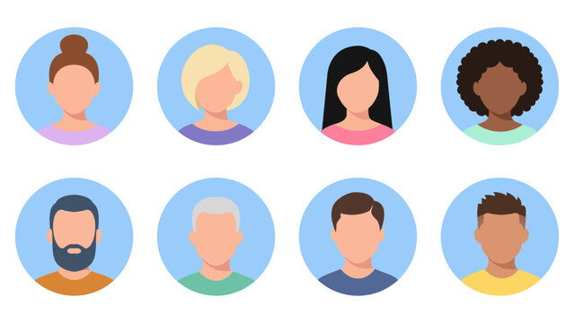 Faceless user profile avatar icon set, minimalist flat illustration of diverse men and women head portraits in circle for social media account icon