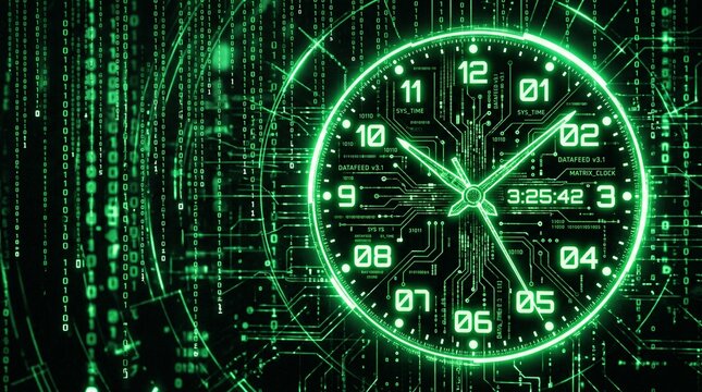Digital clock face with green binary code and glowing circuit board background