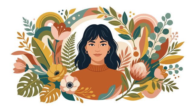 A woman framed by colorful botanical foliage and leaves