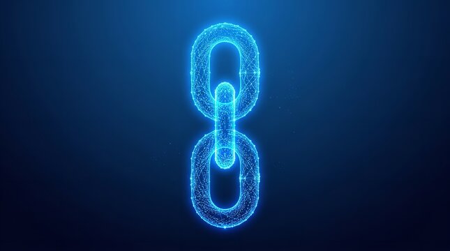 Digital blockchain technology concept with glowing blue chain link icon on a dark background, representing network connection, security, and data integrity in a futuristic style