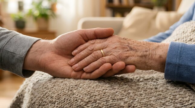 Young person holds the weathered hand of an elderly senior wrapped in a cozy knitted blanket at home.