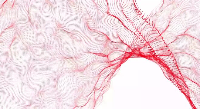 Abstract flowing red particle wave motion digital background a composed of thousands of tiny digital particles moves across a white