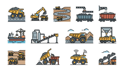 Modern Illustrated Icons of Mining and Bulk Material Transport Equipment in Vibrant Colors with high quality professional line art symbols for modern creative design and digital branding projects © Kamet