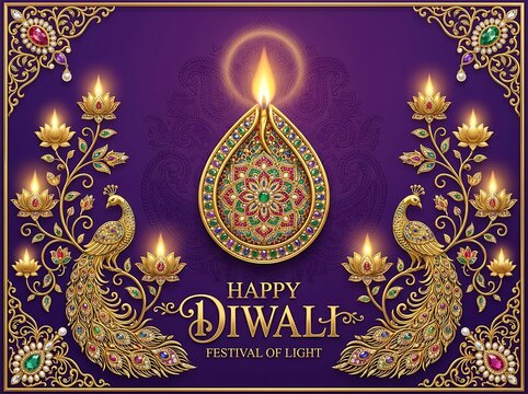 Diwali greeting card with golden diya lamp and peacock on purple background