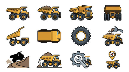 Sleek Collection of Vibrant Yellow and Gray Construction and Mining Equipment Icons Featuring Dump Trucks Excavators and Heavy Machinery © Kamet