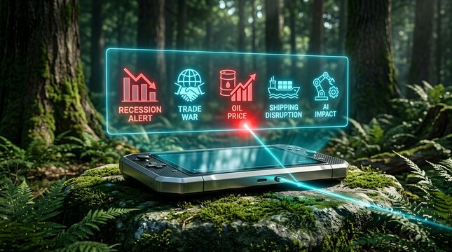 A sleek futuristic tablet projects a holographic display showing global economic challenges and AI impact within a serene forest.