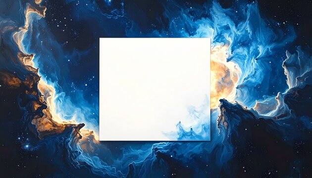 Abstract blue and gold cosmic nebula background with blank white square frame mockup space for text