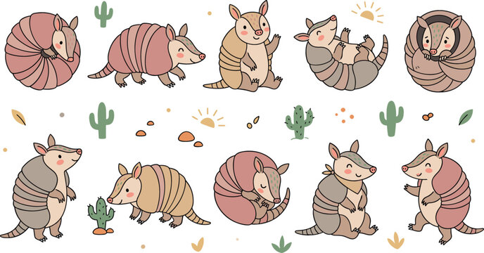 Cute cartoon armadillo character vector illustration set with various funny poses rolling walking sitting and desert cactus design elements