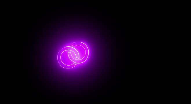 Interlocking glowing purple neon rings on dark background two circular illuminated by a bright light effect isolated on a black