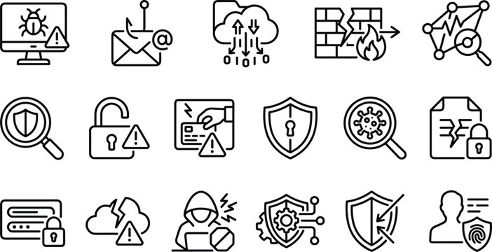 Cyber security data breach and computer malware threat line icon set featuring phishing emails network virus firewall leaks and credit card fraud symbols