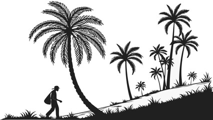Silhouette of a person walking along a tropical beach with palm trees in the background © It's_Shamim26