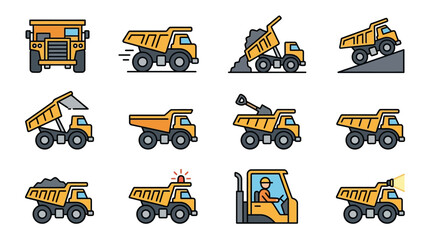 Clean Icons of Various Construction Dump Trucks in Action with Bright Colors with high quality professional line art symbols for modern creative design and digital branding projects © Kamet