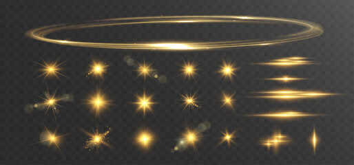 Fototapeta premium Golden Lens Flare Collection with Sparkling Stars, Glowing Light Bursts, Circular Halo Ring and Optical Overlay Set on Transparent Background 