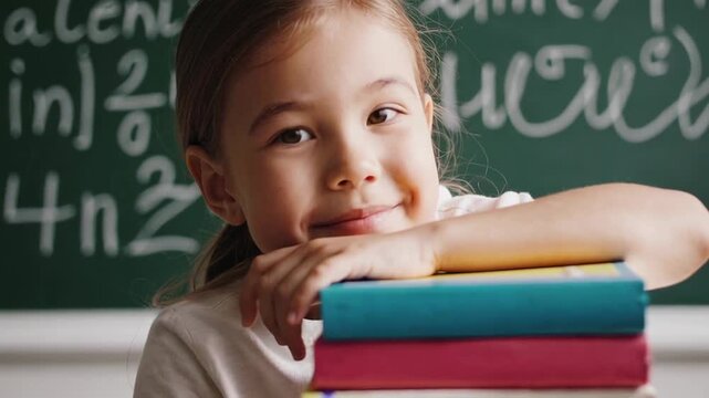 Young elementary school student confidently leaning on colorful book stack, smiling while resting head on hands near blackboard filled with math equations in bright classroom setting