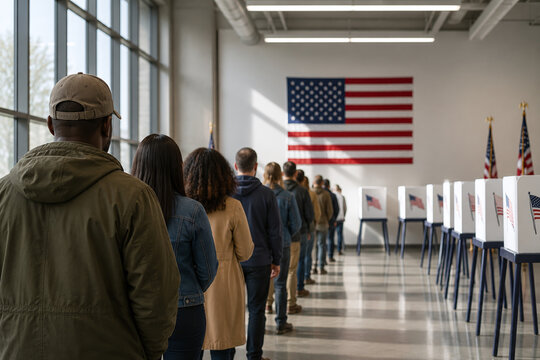 Anonymous voters waiting in line at an American polling station