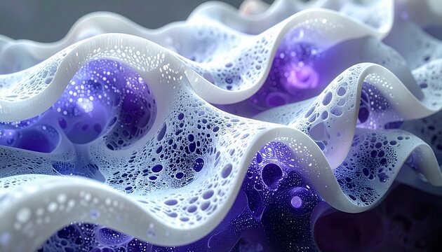 Abstract 3D illustration of purple organic waves with porous foam and bubble textures