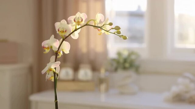 orchid blooming serene indoor near window with natural light fixed frontal view wooden table textile curtains home decor interior design white beige clean background copy space editorial.