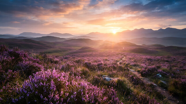 Sunset over rolling hills with purple heather flowers, mountains in the background, purple flowers