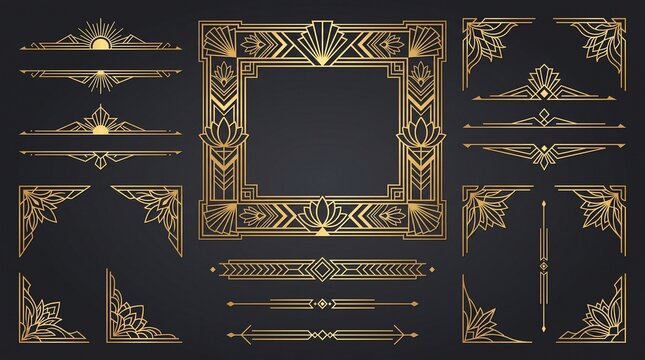 Art Deco frame. Geometric ornament border. Vintage 1920s luxury golden style dividers, corners, frames, headers. Retro elegance element for invitation, card, poster. Vector ...