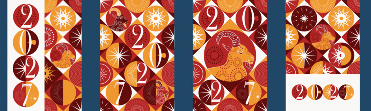 Chinese Lunar New Year 2027, Year of the Fire Goat, Ram zodiac signs greeting cards background, banner, flyer big set. Template for advertising, social media, frame typography design. Red and gold 