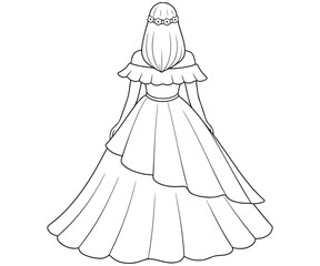 Fototapeta premium Back View Vector Line Art of a Bride or Princess in an Elegant Layered Ball Gown with a Flower Crown