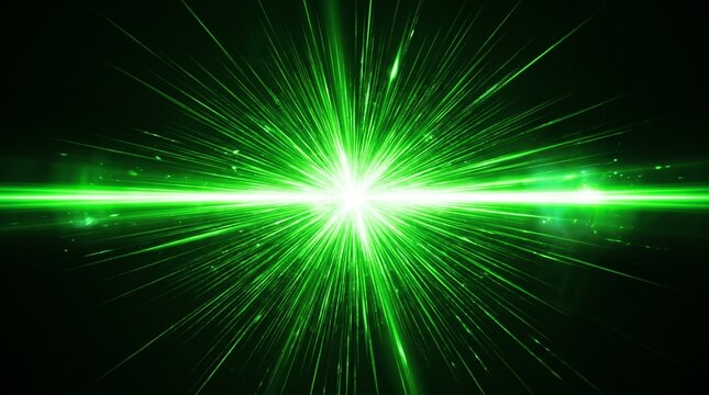 Bright green laser light explosion with radial rays on black background