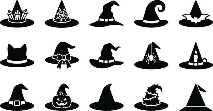 Halloween witch hats and mystic crowns collection black silhouette icons