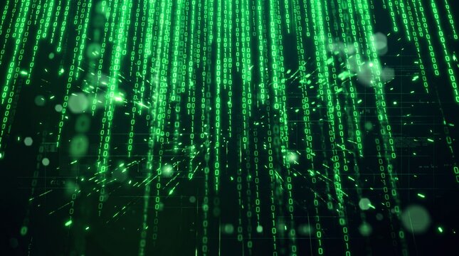 Green digital binary code stream falling on dark background