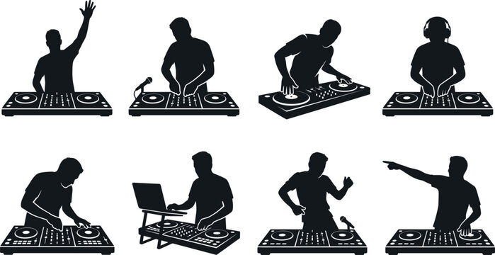 Black Silhouette Icon Set of DJs Performing with Turntables, Mixers, and Music Equipment
