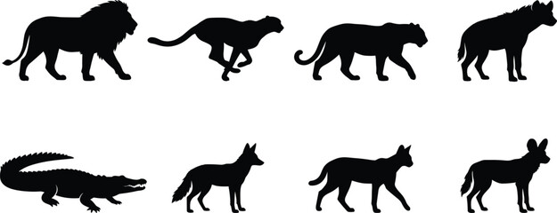 Black Silhouette Icon Set of Wild Animals Including Lion, Tiger, Cheetah, Crocodile, and More © MdMenhajul