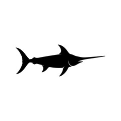 Obraz premium Black silhouette of a swordfish swimming, isolated on a white background, sharp of a large predatory marine fish species